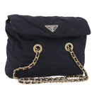 PRADA Chain Shoulder Bag Nylon Navy Gold Auth 206423-1