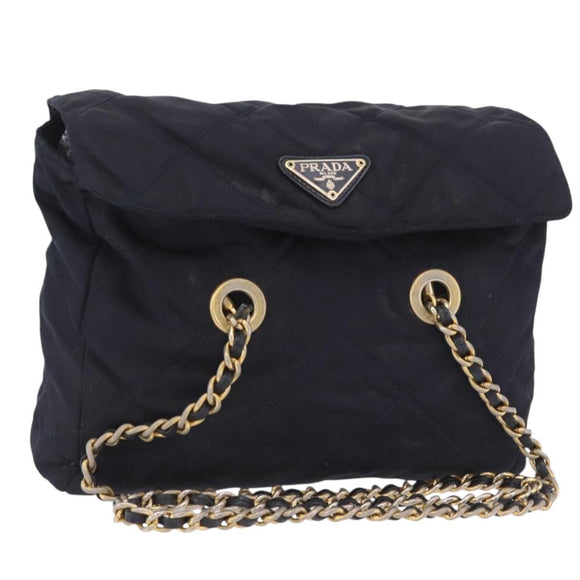 PRADA Chain Shoulder Bag Nylon Navy Gold Auth 206423