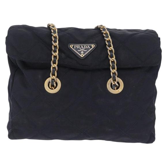 PRADA Chain Shoulder Bag Nylon Navy Gold Auth 206423