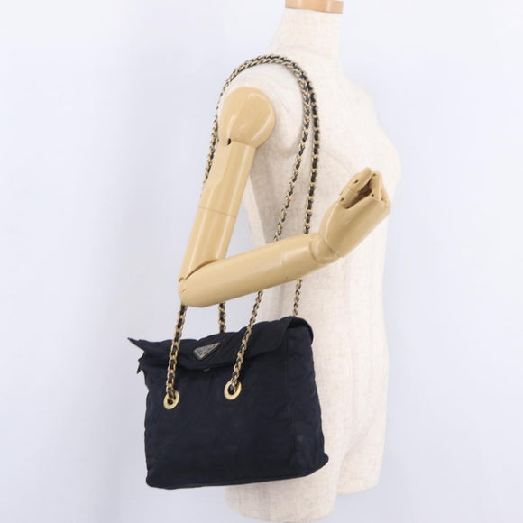 PRADA Chain Shoulder Bag Nylon Navy Gold Auth 206423