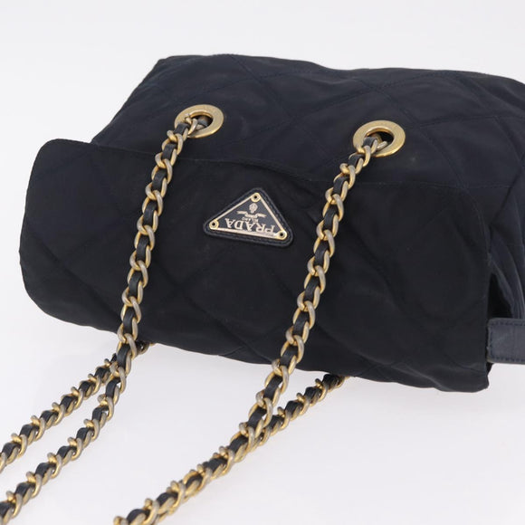 PRADA Chain Shoulder Bag Nylon Navy Gold Auth 206423