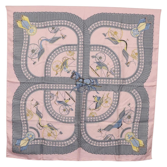 HERMES Carre 90 Scarf ”V0ITURES PANIERS” Silk Pink Auth 206429