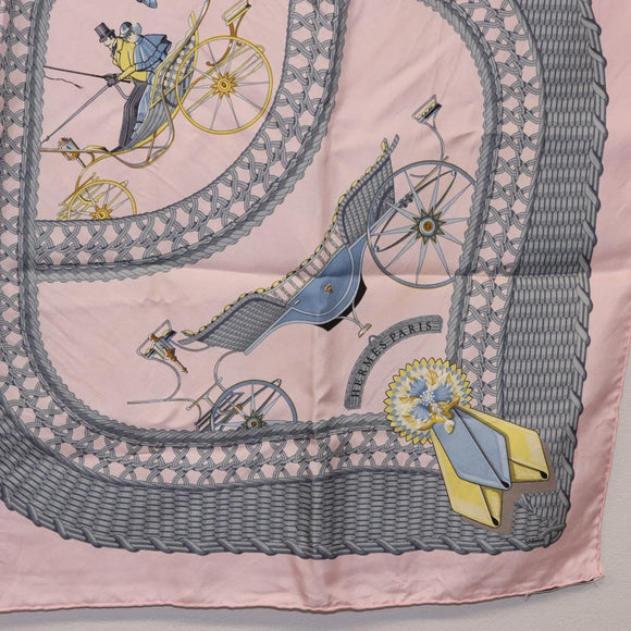 HERMES Carre 90 Scarf ”V0ITURES PANIERS” Silk Pink Auth 206429