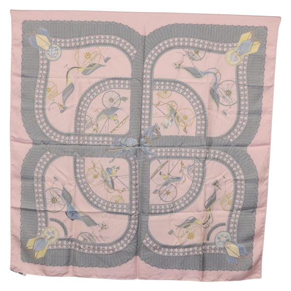 HERMES Carre 90 Scarf ”V0ITURES PANIERS” Silk Pink Auth 206429