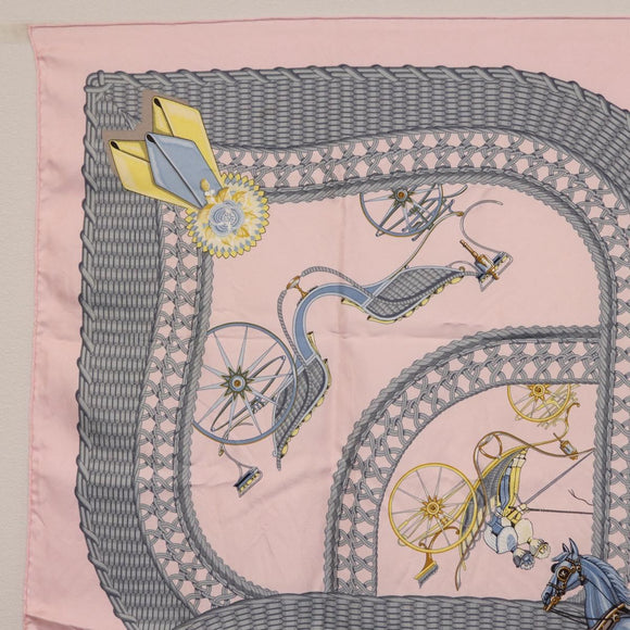 HERMES Carre 90 Scarf ”V0ITURES PANIERS” Silk Pink Auth 206429