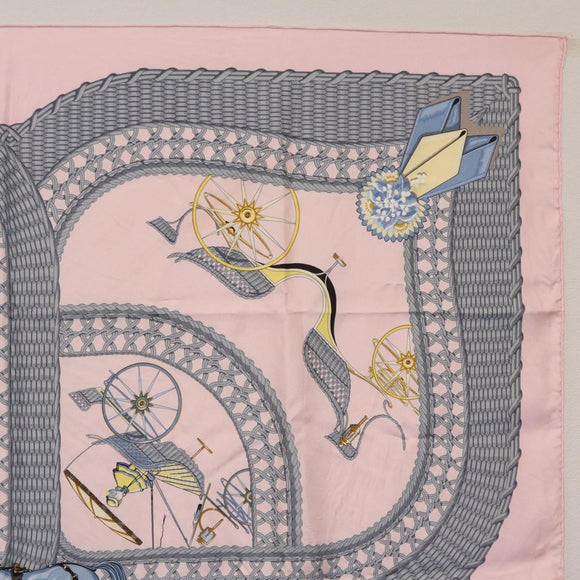 HERMES Carre 90 Scarf ”V0ITURES PANIERS” Silk Pink Auth 206429