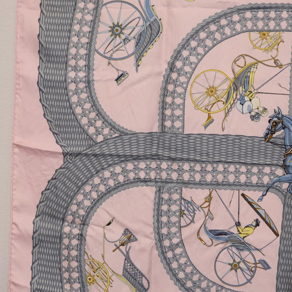 HERMES Carre 90 Scarf ”V0ITURES PANIERS” Silk Pink Auth 206429