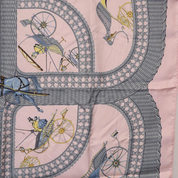 HERMES Carre 90 Scarf ”V0ITURES PANIERS” Silk Pink Auth 206429