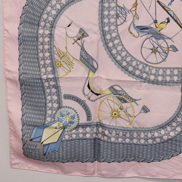 HERMES Carre 90 Scarf ”V0ITURES PANIERS” Silk Pink Auth 206429