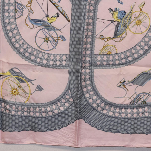 HERMES Carre 90 Scarf ”V0ITURES PANIERS” Silk Pink Auth 206429