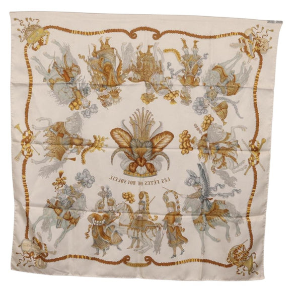 HERMES Carre 90 Scarf ”LES FETES DU ROI SOLEIL” Silk White Auth 206431