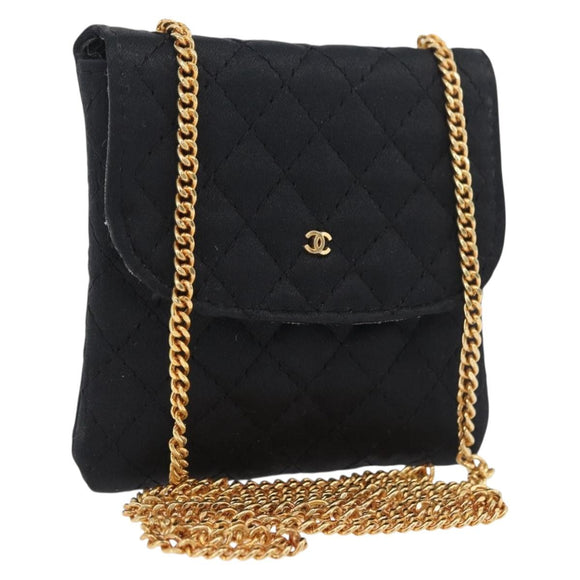 CHANEL Matelasse Chain Shoulder Pouch Satin Black Gold CC Auth 206434A