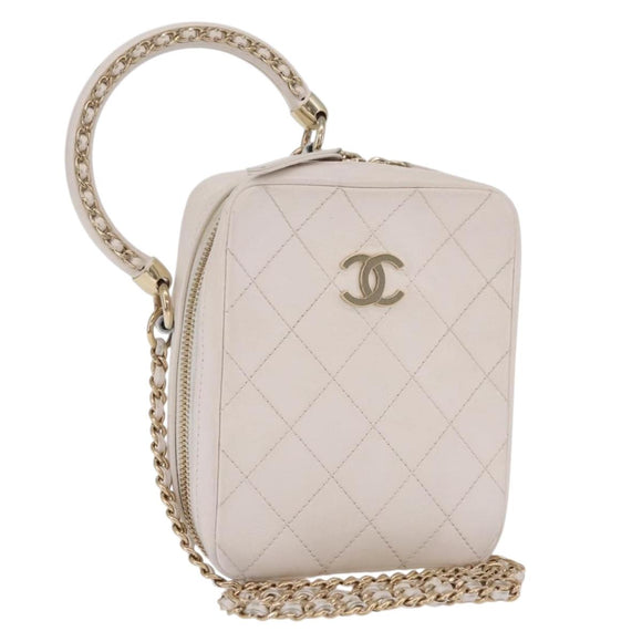 CHANEL Matelasse Chain Hand Bag Lamb Skin 2way White Gold CC Auth 206465M