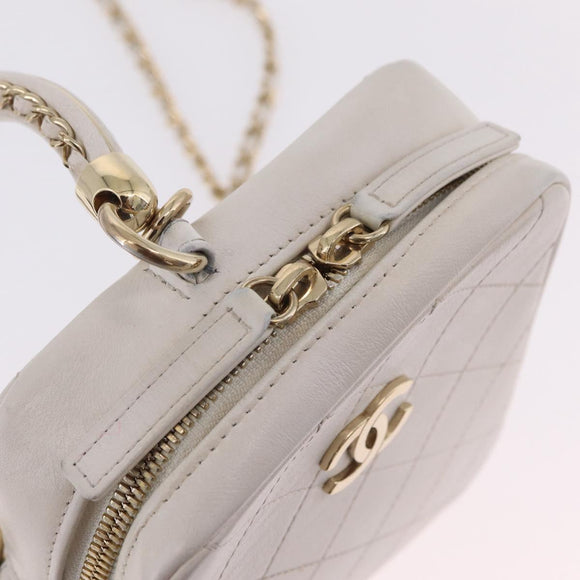 CHANEL Matelasse Chain Hand Bag Lamb Skin 2way White Gold CC Auth 206465M