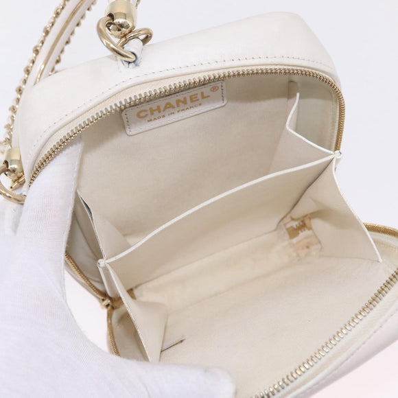 CHANEL Matelasse Chain Hand Bag Lamb Skin 2way White Gold CC Auth 206465M