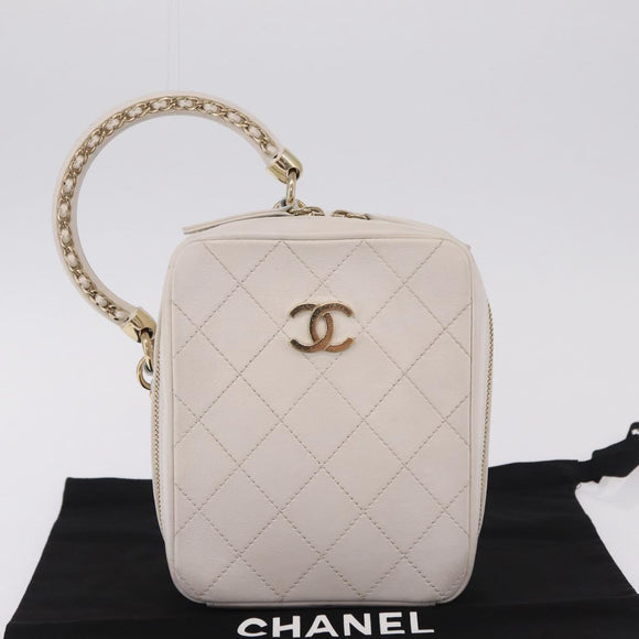 CHANEL Matelasse Chain Hand Bag Lamb Skin 2way White Gold CC Auth 206465M