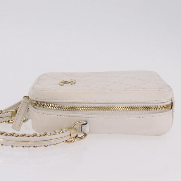 CHANEL Matelasse Chain Hand Bag Lamb Skin 2way White Gold CC Auth 206465M