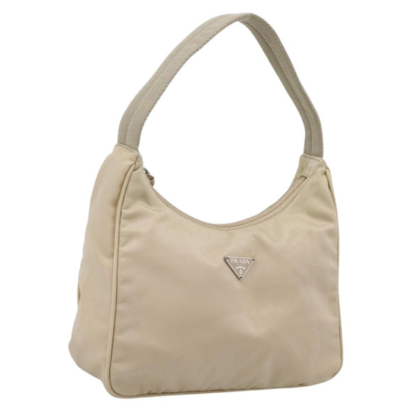 PRADA Hand Pouch Hand Bag Nylon Beige Silver Auth 206468A