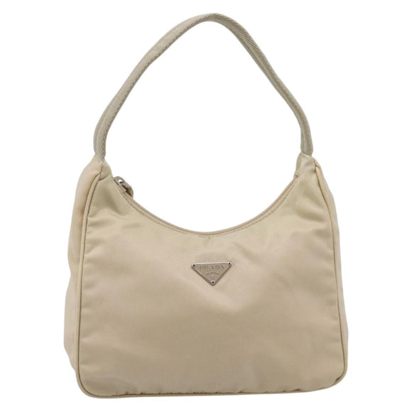 PRADA Hand Pouch Hand Bag Nylon Beige Silver Auth 206468A