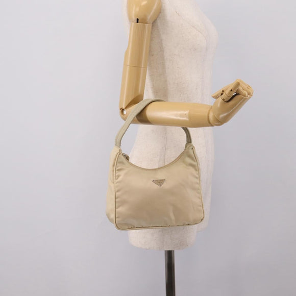 PRADA Hand Pouch Hand Bag Nylon Beige Silver Auth 206468A