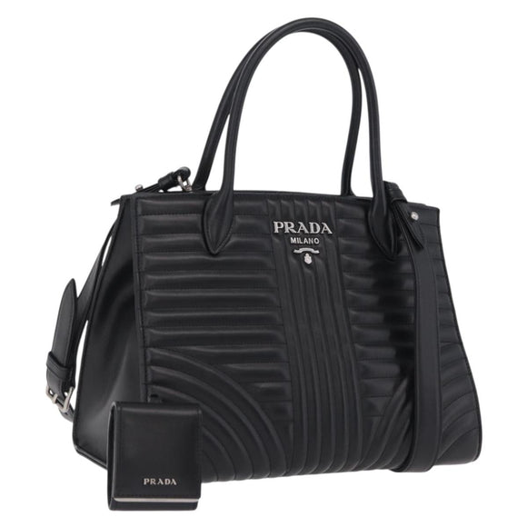 PRADA Hand Bag Leather 2way Black Silver Auth 206472M