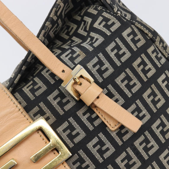 FENDI Zucchino Canvas Mamma Baguette Shoulder Bag Black Gold 8BR088 Auth 206474A