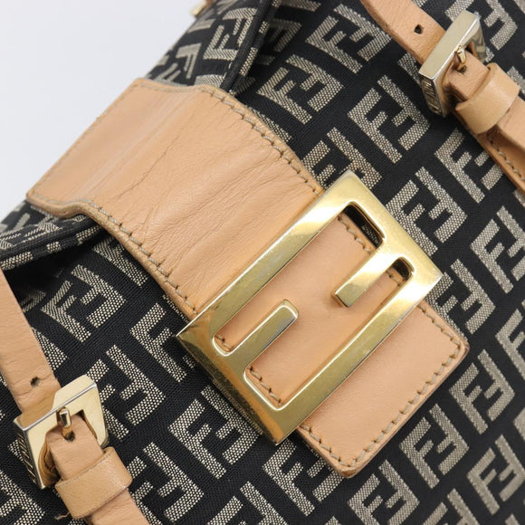 FENDI Zucchino Canvas Mamma Baguette Shoulder Bag Black Gold 8BR088 Auth 206474A