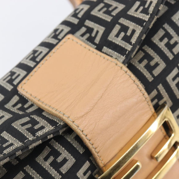 FENDI Zucchino Canvas Mamma Baguette Shoulder Bag Black Gold 8BR088 Auth 206474A