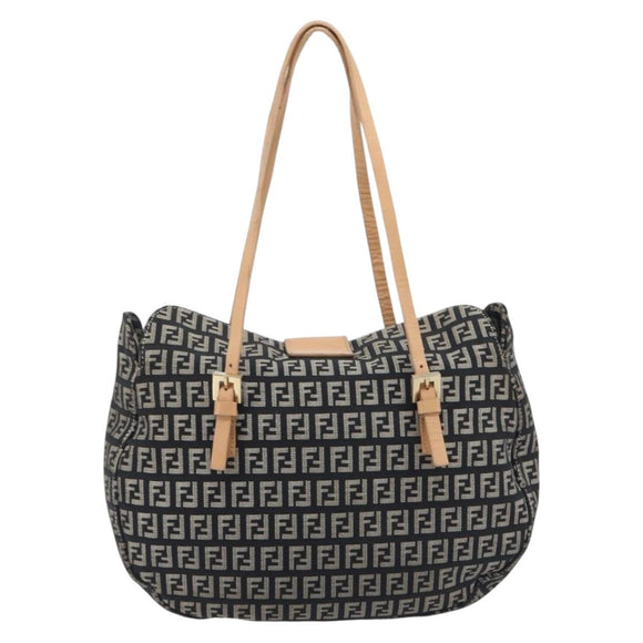 FENDI Zucchino Canvas Mamma Baguette Shoulder Bag Black Gold 8BR088 Auth 206474A