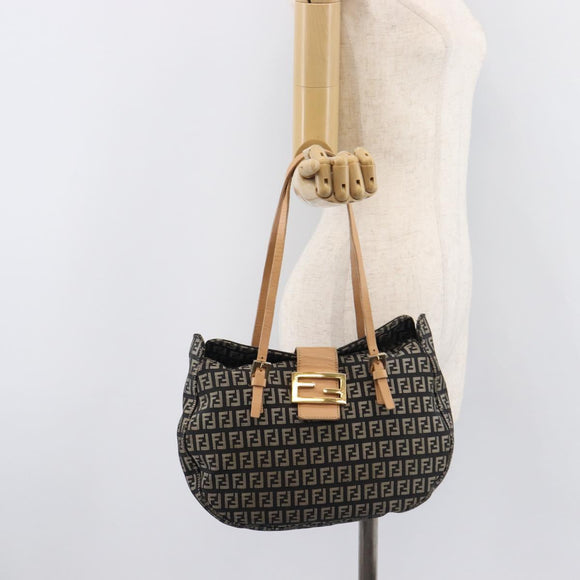 FENDI Zucchino Canvas Mamma Baguette Shoulder Bag Black Gold 8BR088 Auth 206474A