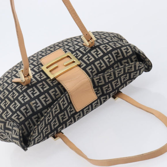 FENDI Zucchino Canvas Mamma Baguette Shoulder Bag Black Gold 8BR088 Auth 206474A