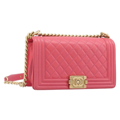 CHANEL Boy Chanel Matelasse Chain Bag Lamb Skin Pink Gold CC Auth 206483M