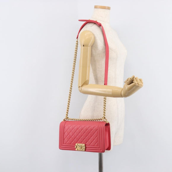 CHANEL Boy Chanel Matelasse Chain Bag Lamb Skin Pink Gold CC Auth 206483M