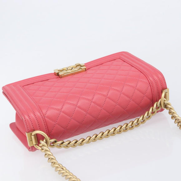 CHANEL Boy Chanel Matelasse Chain Bag Lamb Skin Pink Gold CC Auth 206483M