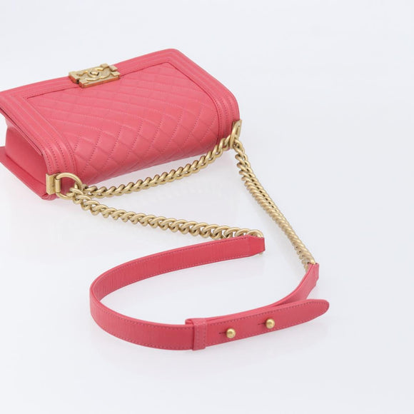 CHANEL Boy Chanel Matelasse Chain Bag Lamb Skin Pink Gold CC Auth 206483M