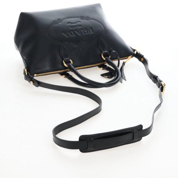 PRADA Hand Bag Leather 2way Black Gold Auth 206508M