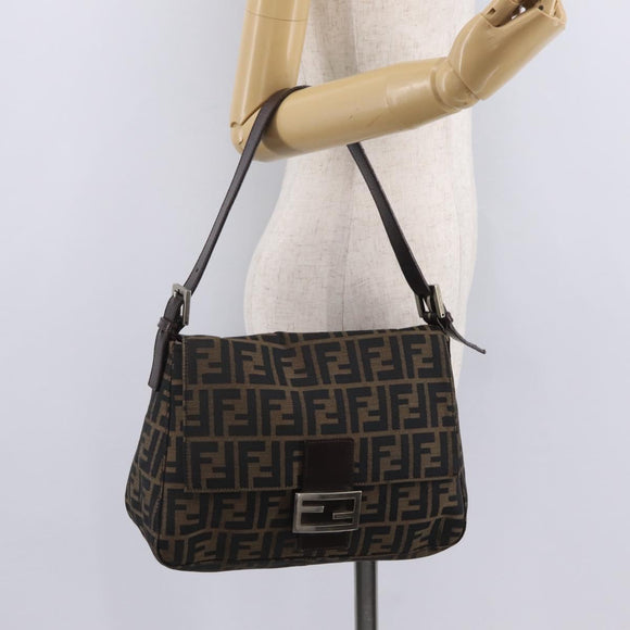 FENDI Zucca Canvas Mamma Baguette Shoulder Bag Brown Black Auth 206517M