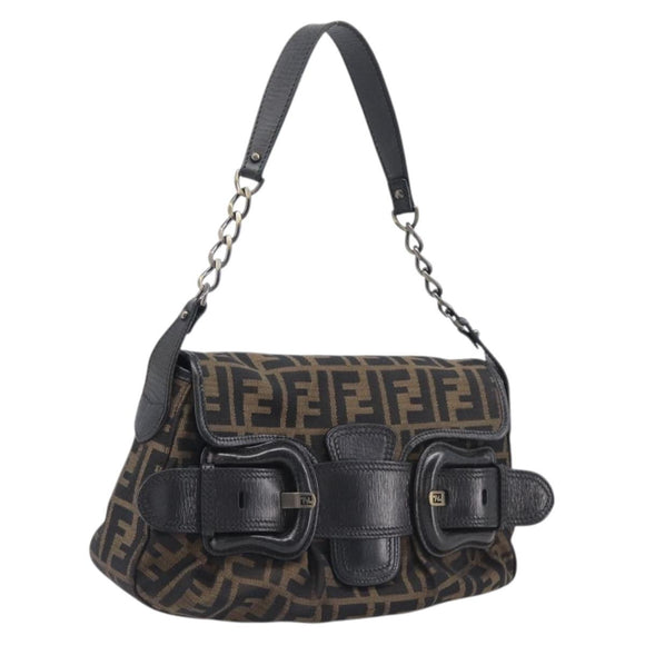 FENDI Zucca Canvas Chain Shoulder Bag Black Brown 8BR551 Auth 206529