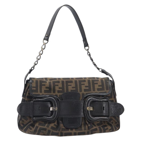 FENDI Zucca Canvas Chain Shoulder Bag Black Brown 8BR551 Auth 206529