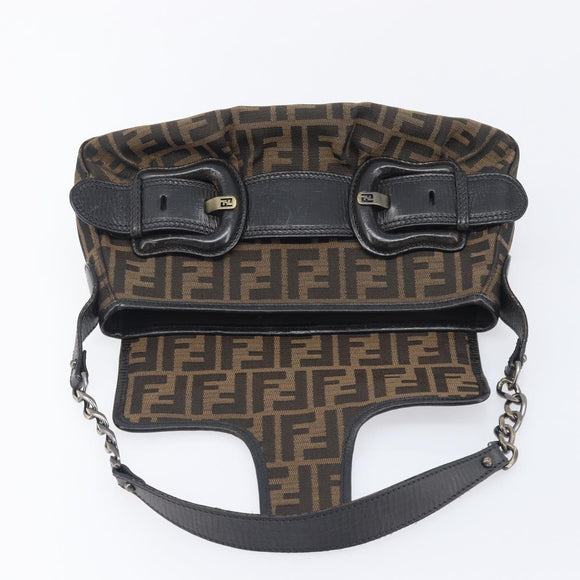 FENDI Zucca Canvas Chain Shoulder Bag Black Brown 8BR551 Auth 206529