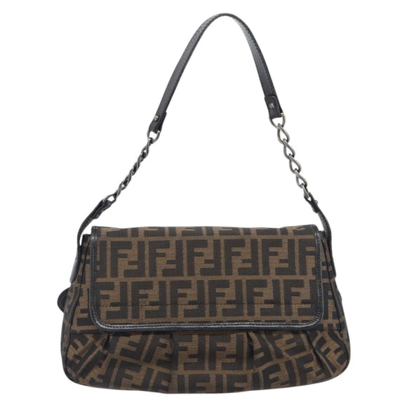 FENDI Zucca Canvas Chain Shoulder Bag Black Brown 8BR551 Auth 206529