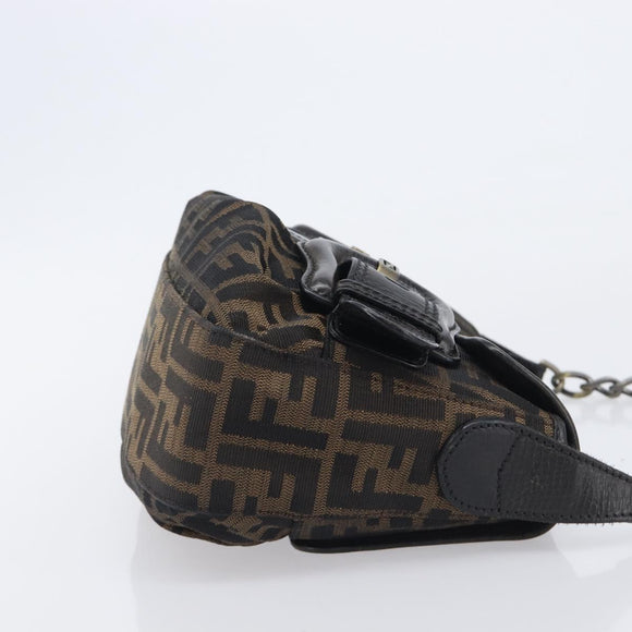 FENDI Zucca Canvas Chain Shoulder Bag Black Brown 8BR551 Auth 206529