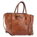 PRADA Hand Bag Leather 2way Brown Silver Auth 206531A-1
