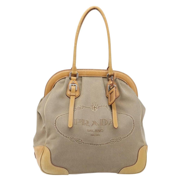 PRADA Hand Bag Canvas Beige Silver Auth 206536
