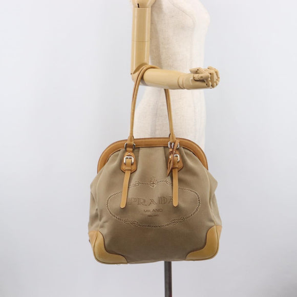 PRADA Hand Bag Canvas Beige Silver Auth 206536