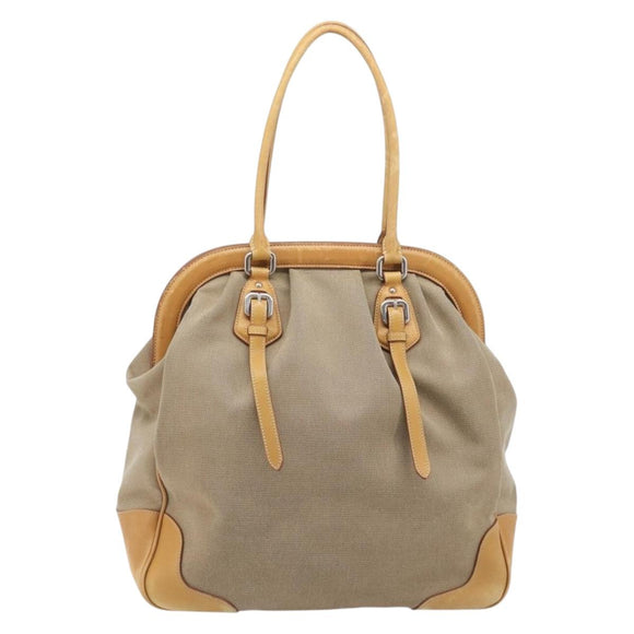PRADA Hand Bag Canvas Beige Silver Auth 206536