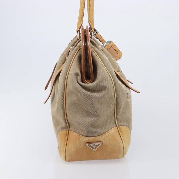 PRADA Hand Bag Canvas Beige Silver Auth 206536