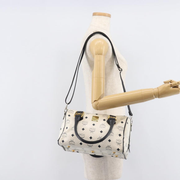 MCM Logogram Vicetos Hand Bag PVC Leather 2way White Gold Auth 206543A