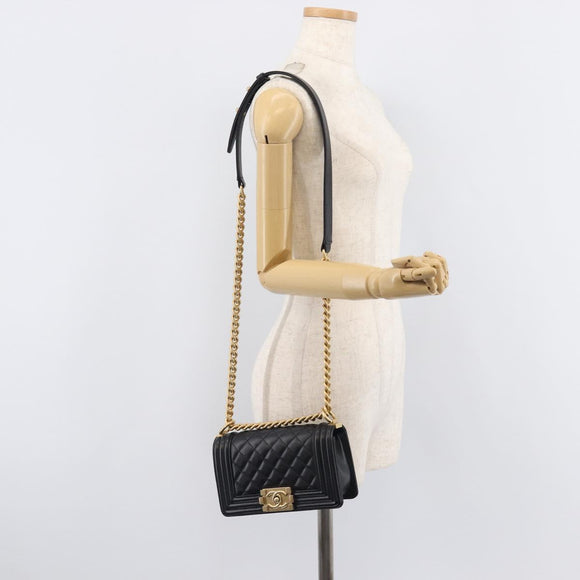 CHANEL Boy Chanel Matelasse Chain Bag Caviar Skin Black Gold CC Auth 206546SAM