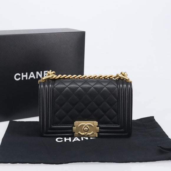 CHANEL Boy Chanel Matelasse Chain Bag Caviar Skin Black Gold CC Auth 206546SAM